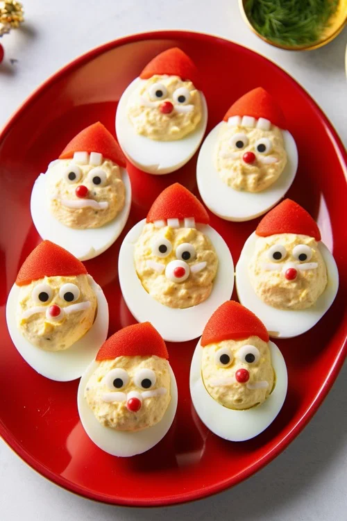 como hacer huevos rellenos con forma de Papa Noel