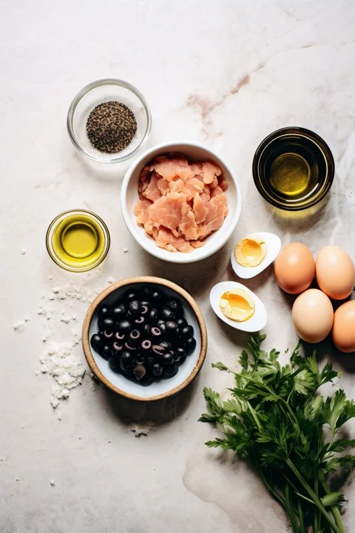 ingredientes huevos rellenos de atún y aceitunas