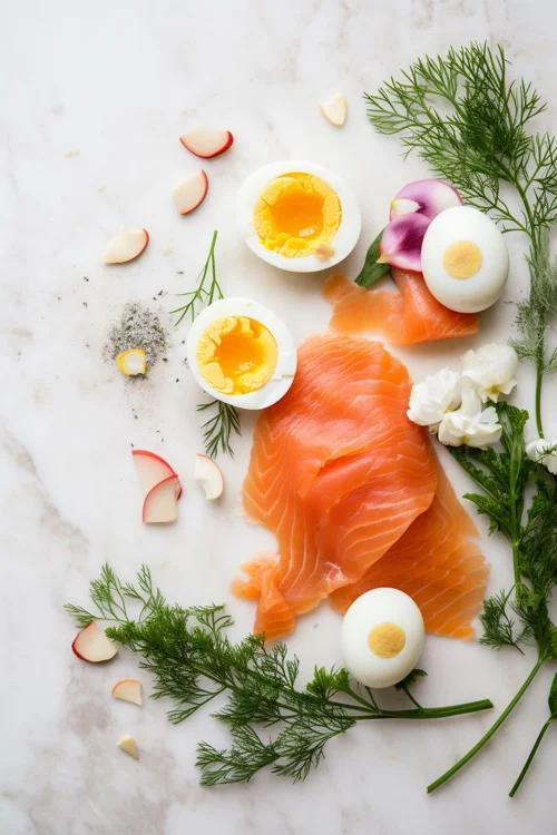 ingredientes huevos rellenos de salmón y gambas